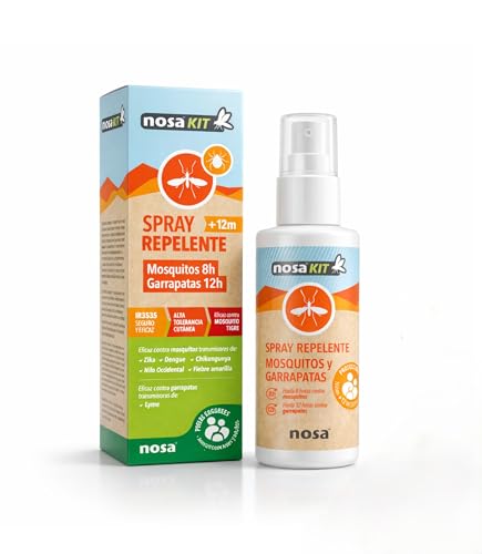 NOSA KIT Spray Repelente de Mosquitos y Garrapatas 100 ml que Ayuda a Repeler Hasta 8h Mosquitos y 12h Garrapatas Sin Perfume y No Graso Uso Familiar Apto Desde 12 Meses para Exterior Diario