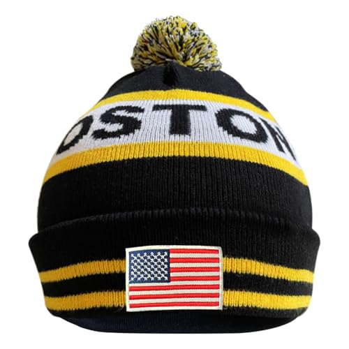 Cayyon US Flag City Hockey Embroidery Classic Pom Cuff Boston Beanie Hat Cuffed Winter Soft Beanie Knit Pom Hat Cap Black