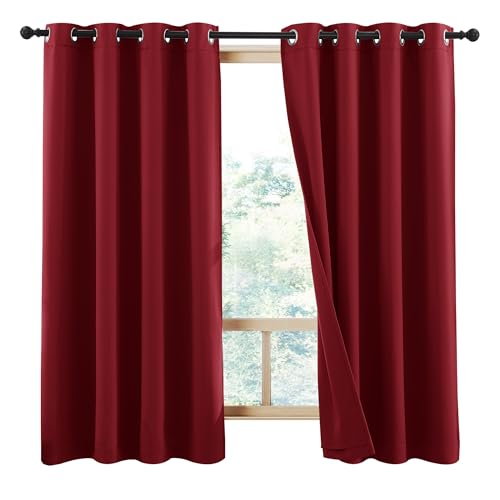 Image of NICETOWN Kitchen Full Blackout Curtain Panels, Super Thick and Soft Insulated Window Covers, 100% Blackout Draperies with Same Color Backing for Cafe Window (Red, Set of 2 PCs, 52 by 45 Inch)