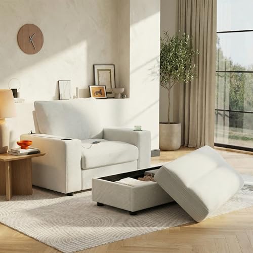 Merax 42.8" Oversized Chaise Lounge Chair with Storage Ottoman,Corduroy Sofa Bed with Cup Holders,USB Charging Port,Upholstered Sleeper Chair,Deep - Seat Reading Couch for Living Room,Bedroom,Beige