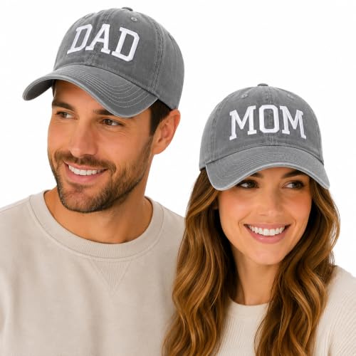 Image of Mom Dad Embroidered Baseball Caps Set of 2 Adjustable Couples Cotton Hats | Soft cotton matching caps with premium embroidery and adjustable fit, perfect for couples, parents, family photos and gifts.