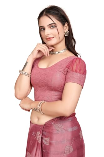 Image of SFT Women's Organza Patch Readymade Saree Blouse with Round Neck Half Sleeves Abstract Pattern Pull On Closure Regular Fit and Standard Length