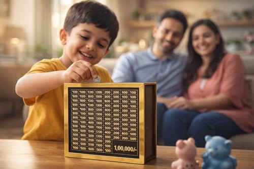 Image of Dr.MASHUR Wooden Money Saving Challenge Box with Printed Amount Board for Cash and Coin Collection, Reusable Saving Box for Kids and Adults (1lakh Money Box, 1, Count)