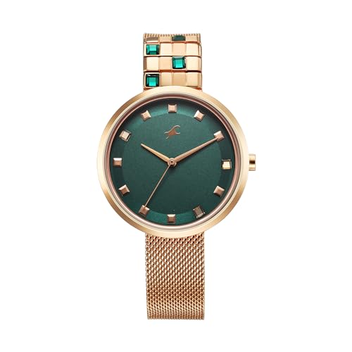 Image of Fastrack Fleek Quartz Analog Forest Green Dial Rose Gold Stainless Steel Strap Watch for Girls - NT6300WM02