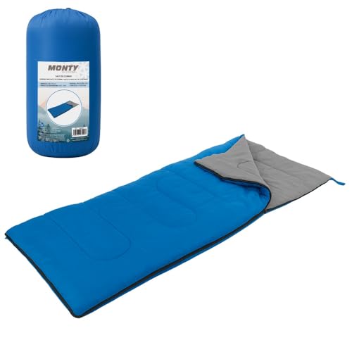 MONTY Saco de Dormir para Adulto de 190x75 cm en Color Azul. 3 Estaciones. Relleno de Fibra Hueca de 800 gr, para temperaturas mínimas de 15 Grados. con Cremallera Lateral y Bolsa de guardado.