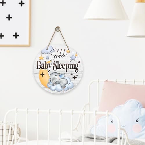 Image of Shhh Baby Sleeping Front Door Sign, Elephant Moon Cloud Stars Wood Door Hanger Nursery Kids Bedroom Decor, Infant Toddler Baby Boy Girl Room Rustic Wooden Wreath Indoor Wall Hanging Decoration