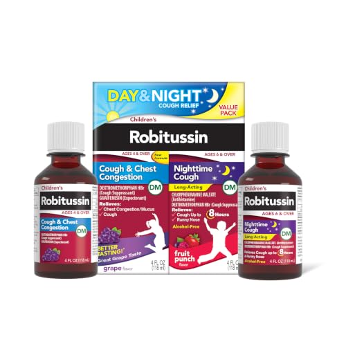 Childrens Robitussin DM Day and Night Cough Relief Value Pack Cough Medicine Grape/Fruit Punch Flavor - 4 Fl Oz x 2