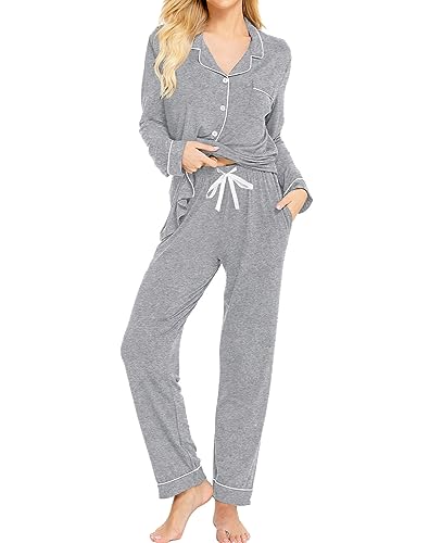 Image of SWOMOG Womens Pajamas Set Long Sleeve Sleepwear Button Down Nightwear Soft Cotton Pj Lounge Sets