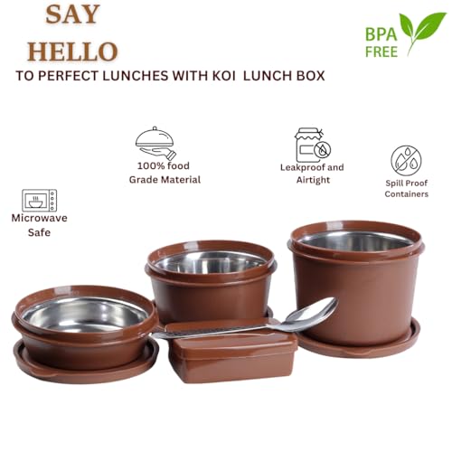Image of KOI TiffinPro Lunch Box Set with Insulated Bag, 3 Microwave Safe Inner Steel Containers (290ml, 450ml, 600ml), Plastic Pickle Box(180), Spoon | Ideal for School, College, Office| Color-Memphis Brown