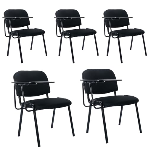 Image of HNY Black Tablet Arm Chairs Set of 5, Mesh Office Waiting Room Guest Nesting Stacking Chairs, Reception Chairs with Flip-Up Table Conference Chair for School Classroom Training Meeting Room