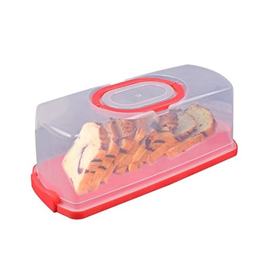 Portable Bread Box with Handle Loaf Cake Container Plastic Rectangular Food Storage Keeper Carrier 13inch Translucent Dome for Pastries, Bagels, Bread Rolls, Buns or Baguettes (Red)