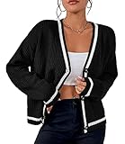Womens Open Front Cardigan Button Down Striped Sweater Casual Loose Fitting V Neck Knit Coat Black