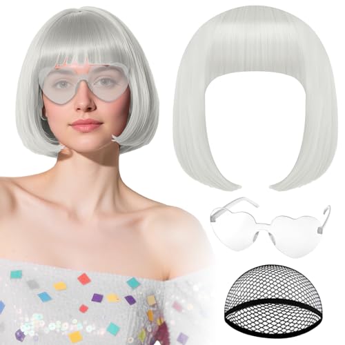 PLULON Light Gray Bob Wig with Heart Glasses Hair Cap Neon Color Party Wigs