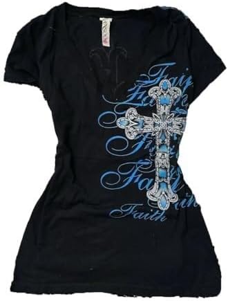 Womens Y2K Grunge Shirts 2000S Emo Clothes Teen Girls Vintage V-Neck Graphic Tee Short Sleeve Goth Crop Top Streetwear