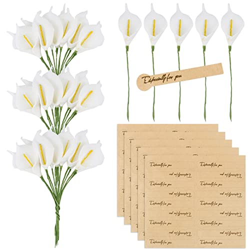 BETESSIN 144pcs Lirio de Cala Artificial, Ramos de Flores Falsos Lirio, Flor Artificial Tallo con Pegatinas de Papel de Felicitación, para Hogar Fiesta Cumpleaños Regalo Boda Manualidad DIY