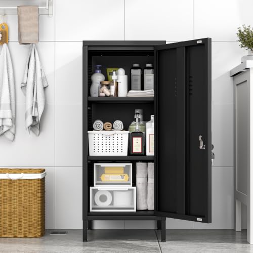 Image of pozdeg 35.43 inch Black Lockable Small Metal Storage Locker | Employees Locker with 1 Door & 2 Adjustable Shelves, Steel Cabinet for Employees, Home, School, Office & Gym
