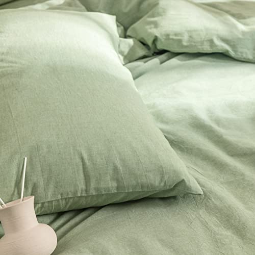 Green Duvet Cover Queen, 100% Washed Cotton Linen Like Textured Solid Color Casual Modern Style Green Bedding Set, With Zipper Closure, Luxury Soft Relaxed Feel Natural Wrinkled Comfy (3Pcs, Queen) #TOP5