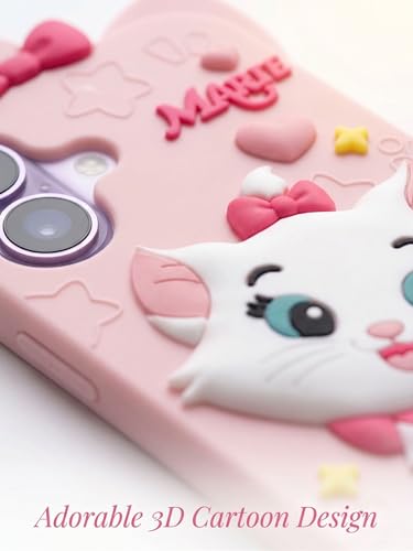 Image of amazon basics Luxury 3D Marie Cat Pink Silicone Case for iPhone 17 | Cute Cartoon Soft Back Cover | Shockproof Kawaii Designer Cover for Girls & Women