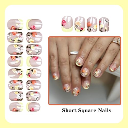 Image of Flower Press on Nails Yellow French Tip Fake Nails Short Square False Nail Press ons with Floral Plant Design Glossy Full Cover Stick on Nail for Women Manicure 24Pcs