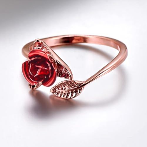 U7 Rose Flower Ring, Stackable Band Ring for Women Girls, Platinum Silver/Gold/Rose Gold Red Signet Rings Adjustable Fit Size 5 to 103