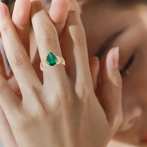 Leaf Pear-Cut Engagement Ring 3 ct lab grown Emerald Solitaire Green Stone Solid 10k 14k 18k Gold Retro Wedding Band Womens Engraved Promise Birthday for Women Wife4