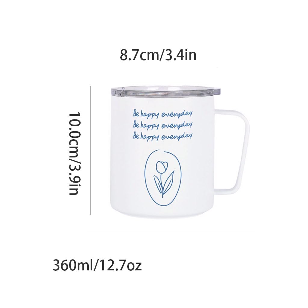 Grande capacité Gobelet isolé Blanc Tasse à café en Acier Inoxydable avec Couvercle et poignée Tasses à Boire pour Le Bureau à Domicile Tasse à thé réutilisable 360ml Solide