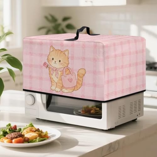 Image of Microwave Oven Cover Protective Kitchen Appliance Dustproof Cover Stain-Resistant Air Fryer Toaster Oven Protector Countertop Decorations, S, Cute Cat Plaid Pink