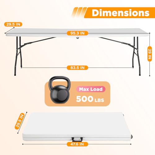 Image of FDW 8FT Folding Table, Portable Fold-in-Half Plastic Picnic Party Table with Carrying Handle (White, 8FT)