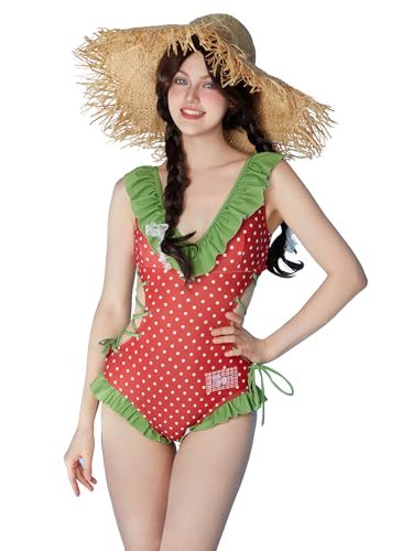 Strawberry Shortcake Officially Licensed Women's Retro Swimsuit: Vintage Strawberry & Polka Dots, Green Lace Trim