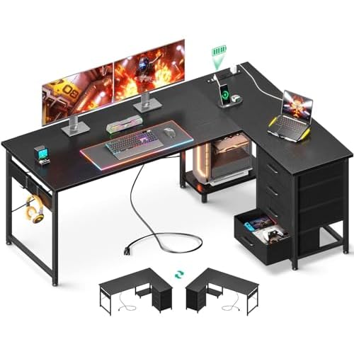 AODK L Shaped Desk with 4 Tier Drawers, 61″ Reversible Gaming Desk with Power Outlets, L Shaped Computer Desk with USB Charging Port and Host Stand, Home Office Corner Desk, Easy to Assemble, Black