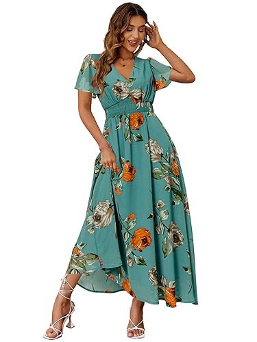 Image of Simplee Women's Boho Floral Maxi Dress Flowy Casual V Neck Short Sleeve Wedding Guest Holiday Beach Long Dress