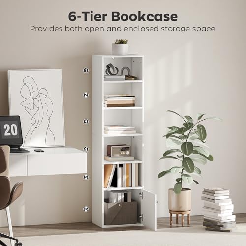 HOMCOM Tall Bookcase, 6-Tier Narrow Bookshelf with 3 Adjustable Shelves and Cupboard, Modern Freestanding Shelving Unit for Living Room, Home Office, White - Image 3