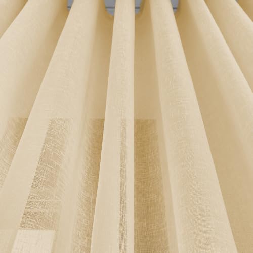 Image of LINENWALAS Aesthetic Sheer Curtains 9 Feet Long Set of 2, Poly Linen Shrink & Fade Proof Drapes for Long Door Semi Transparent Modern Panels with Grommet Hanging for Living Room (Golden Beige /9 Feet)