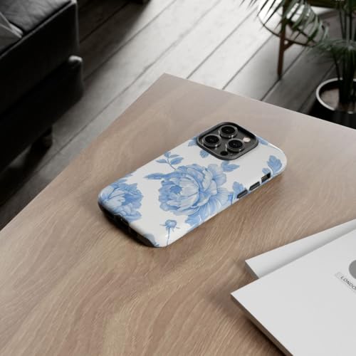 Coque iPhone 14 Pro motif floral pivoine bleu clair rigide antichoc
