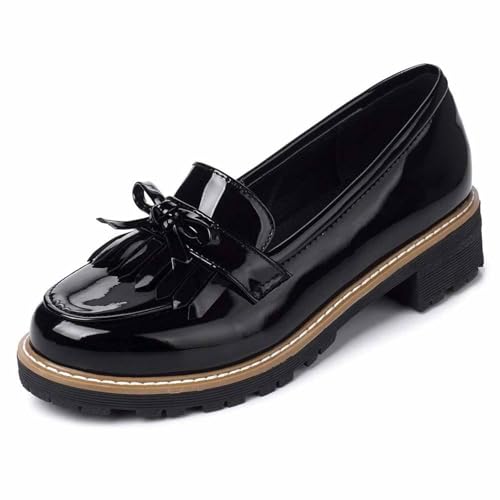 Zapatillas para mujer, informales, cómodas, mocasines de piel con diseño de borlas de lazo para el día a día, Negro , 35 EU