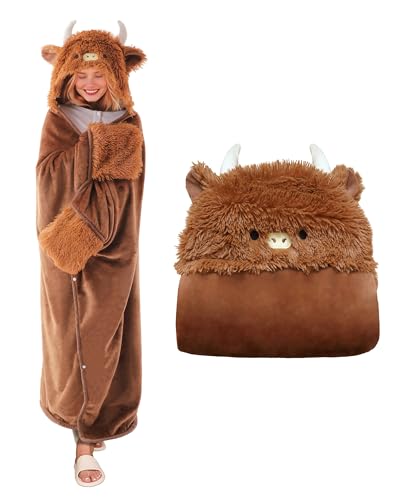 SQEQE Hochlandrind Tragbare Decken mit Kapuze und Handschuhen Hochlandkuh Hoodie Decke Sofadecke Cartoon Kuscheldecke für Damen und Herren 150x130cm