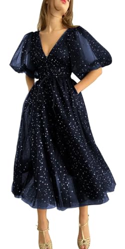 Puffy Sleeve Tea Length Prom Dresses Long Ball Gown 2023 V Neck Sparkle Starry Tulle Red Formal Evening Gowns