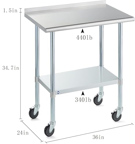 Image of Stainless Steel Table for Prep & Work with Caster & Backsplash 24x36 Inches, NSF Metal Commercial Kitchen Heavy Duty Table with Adjustable Under Shelf and Table Foot for Restaurant, Home and Hotel