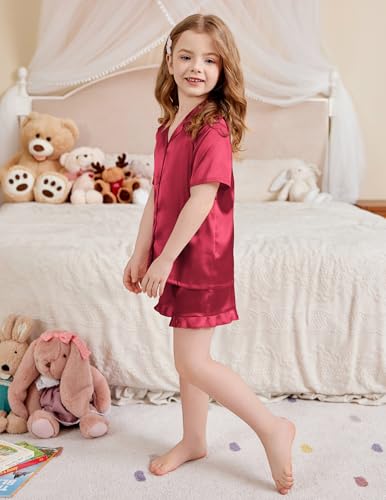 Image of Arshiner Girls Pajamas Silk Satin Pajama Set Button Pjs Ruffle Sleepwear | 2 Piece Nightwear, Silky Soft Lounge for Little & Big Kids, Ideal for Sleeping and Sleepover Party