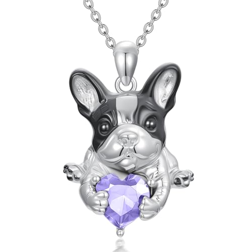 Seiyang French Bulldog Alexandrite Birthstone Necklace 925 Sterling Silver Bulldog Pendant Necklace with June Birthstone Birthday Jewelry Gifts for Women Dog Lovers