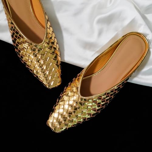 Image of Woven Mules for Women Slip on Comfortabke Metallic Slides Ladies Trendy Square Toe Hidden Wedge Mules