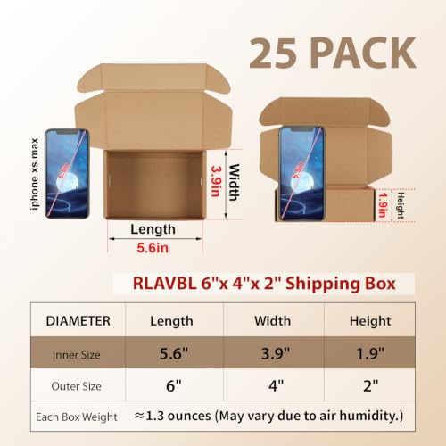 Image of RLAVBL 6x4x2 Inches Shipping Boxes Set of 25, Brown Small Corrugated Cardboard Box, Mailer Boxes for Packing Small Business