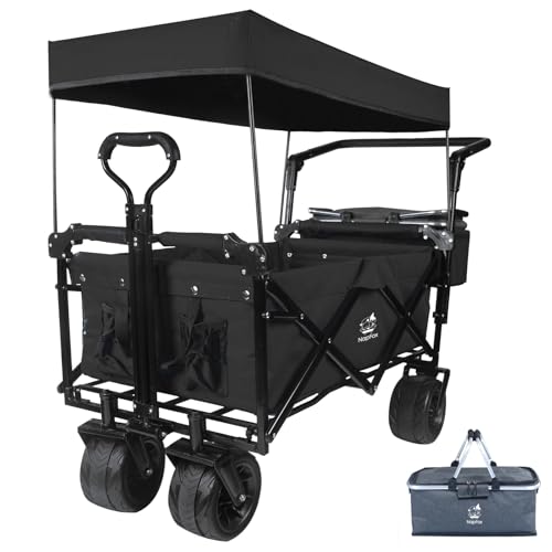 Image of Foldable Wagon with Removable Canopy & Cooler Bag - Heavy Duty Collapsible Wagon Utility Cart with 4" All-Terrain Wheels for Camping, Beach, Garden