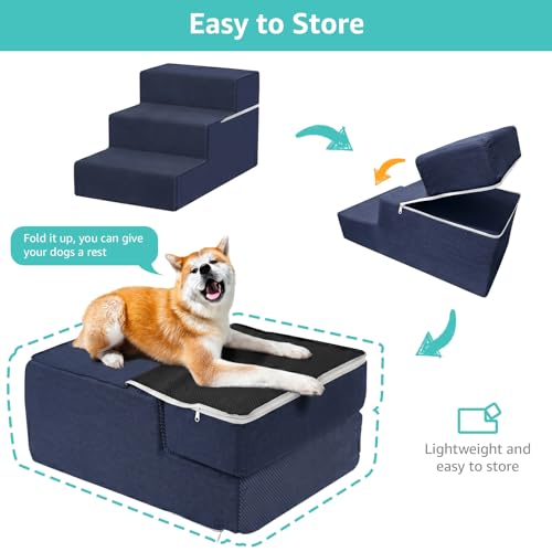 Image of YENING Large Dog Stairs for High Beds - Extra Wide Pet Steps for Large Dogs to Get on Tall Bed 3 Deep Step Cat Ramp for Couch Navy Blue