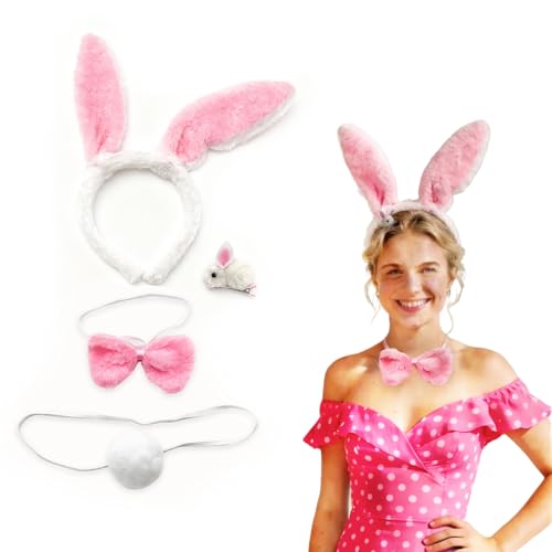 MmmLucipor 5 Piezas Disfraz de Conejo y Conjunto de Accesorios, Blanca Accesorios de Disfraz de Conejo, Diadema con Orejas de Conejo de Pascua y Corbata Pajarita+Cola de Peluche＋Pinza Para el Cabello