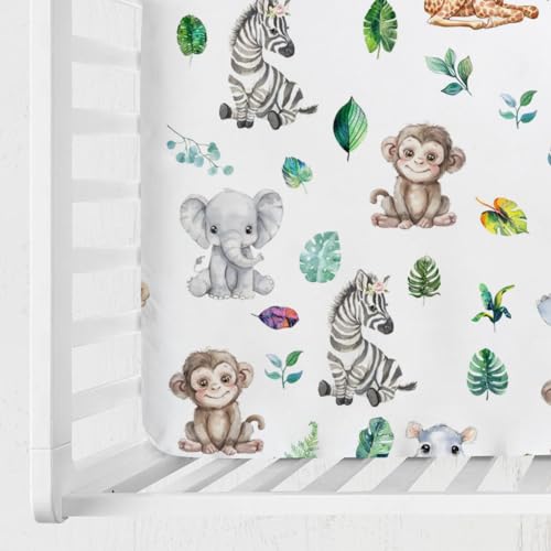 Image of Jungle Safari Animals Tropical Leaf Baby Crib Sheets 52''x28'' Leopard Elephant Giraffe Zebra Hippo Monkey Stretchy Fitted Crib Mattress Cover for Boy Girl Bed Sheet for Standard Crib Toddler Mattress