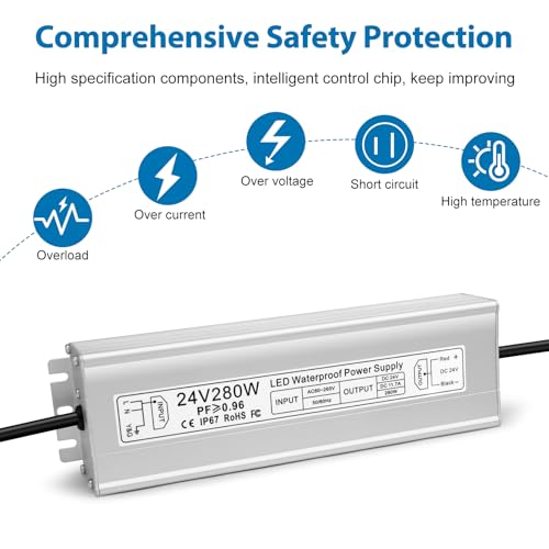 Image of 24V 280W LED Power Supply, IP67 Waterproof LED Driver, Low Voltage Transformer, AC 80-265V to DC 24V 11.67A Converter with 3-Prong Plug 3.3 Ft Cable for Outdoor LED Light, Landscape Light, Industrial
