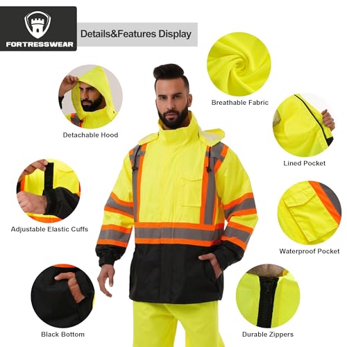 Hi Vis Rain Jackets for Men Reflective Waterproof High Visibility Class 3 Safety Rain Coat with Black Bottom2