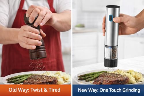 Image of Electric Salt and Pepper Grinder Stainless Steel Pepper Mill with Light Push Button One-Hand Operation Adjustable Coarseness (Silver)