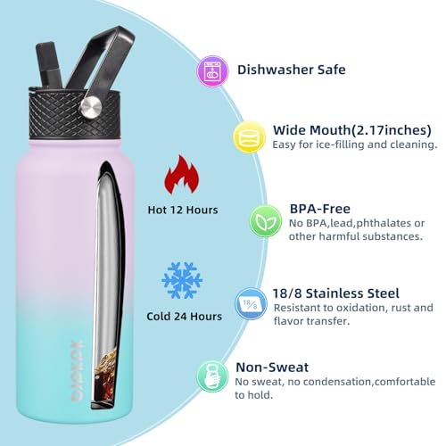 Image of BJPKPK 2 Pack 32oz Insulated Water Bottles with Straw Lids, Stainless Steel